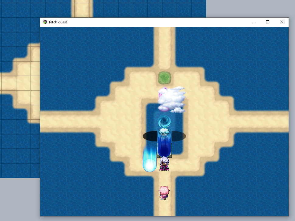 A person in the middle of a pool with a mystical whirlpool portal behind them. The person in the middle has white-aqua hair, dark skin, and gray eyes. They wear teal-and-blue raiments. The protagonist has lavender shoulder-length hair, dark skin and red eyes. They wear fuchsia-pink-and-teal raiment. The sandy isle surrounding the person in the middle leads to four sections, and the rest is blue sparkling ocean. There's a pink-haired catboy in front of the protagonist, and interesting sparkling sections implying things to attain.